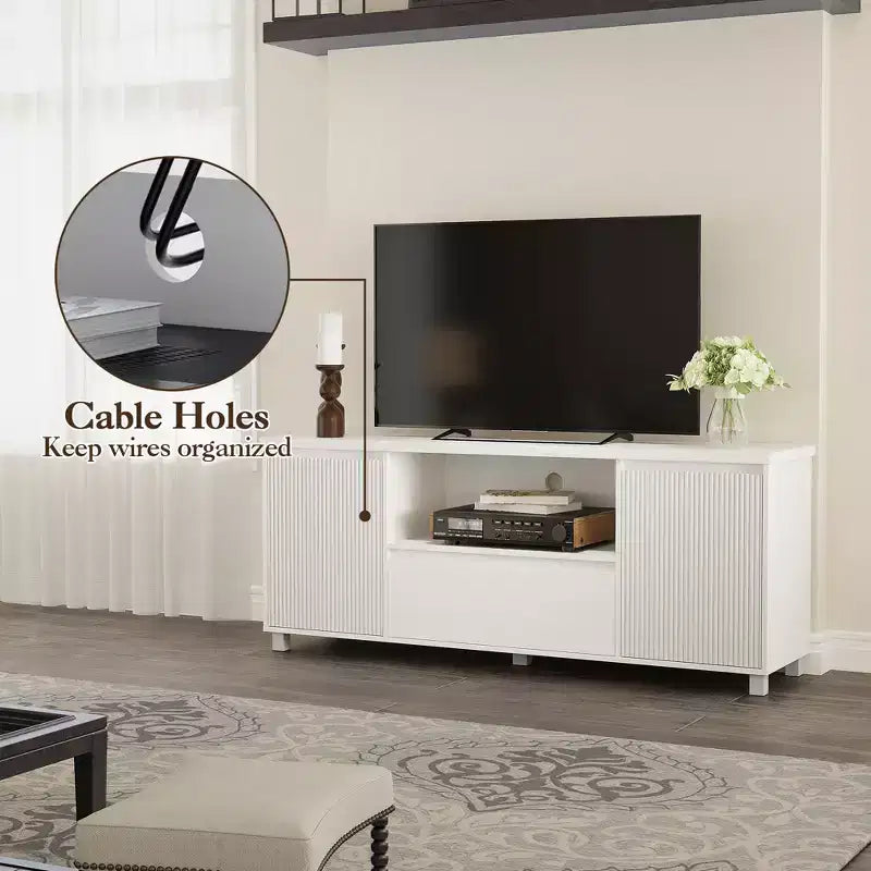 Meuble TV cannelé blanc, convient aux téléviseurs jusqu'à 7 pouces, armoire à 2 portes avec tiroir, assemblage par 1 personne