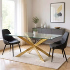 Table à manger en verre transparent et or, rectangulaire, 6 places