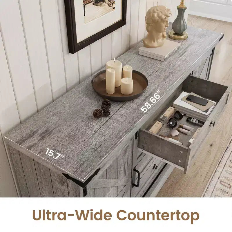 Commode à 4 tiroirs en chêne foncé et blanc antique avec porte coulissante de style grange – Pour 1
