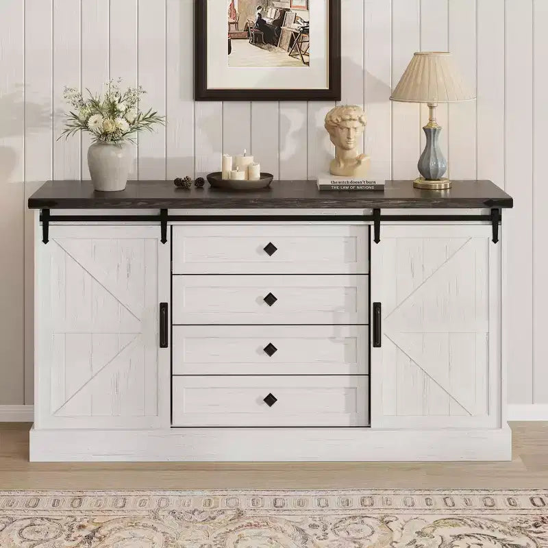 Commode à 4 tiroirs en chêne foncé et blanc antique avec porte coulissante de style grange – Pour 1