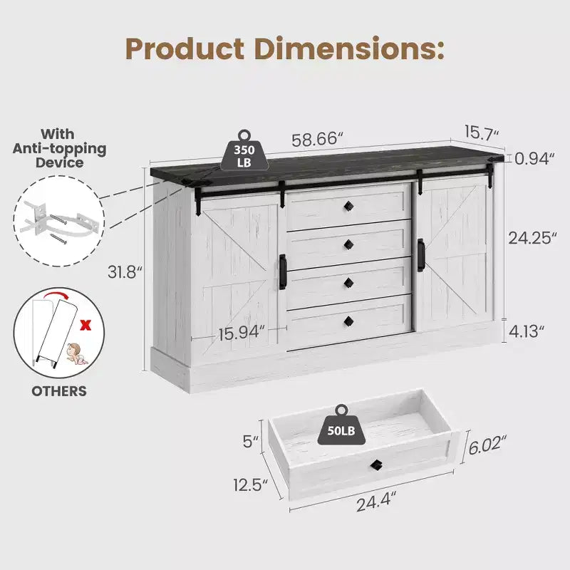 Commode à 4 tiroirs en chêne foncé et blanc antique avec porte coulissante de style grange – Pour 1