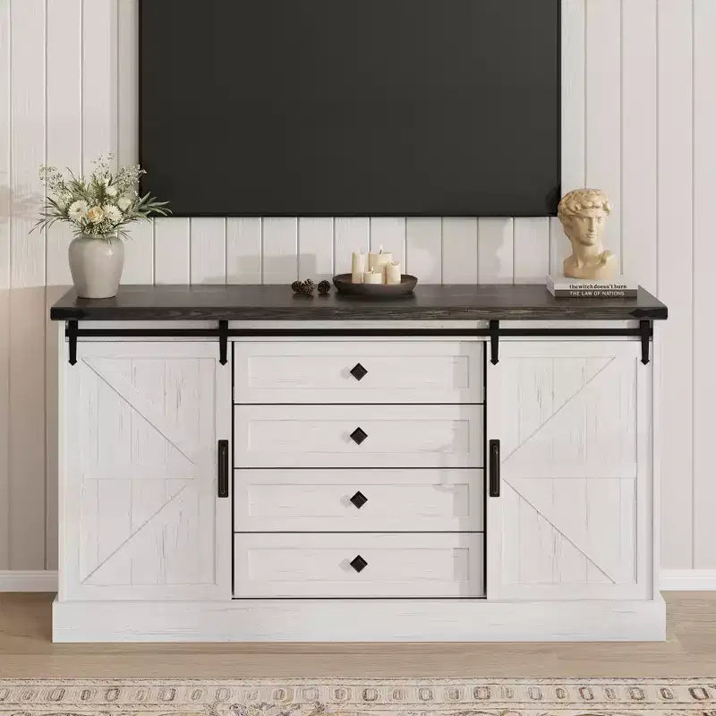 Commode à 4 tiroirs en chêne foncé et blanc antique avec porte coulissante de style grange – Pour 1