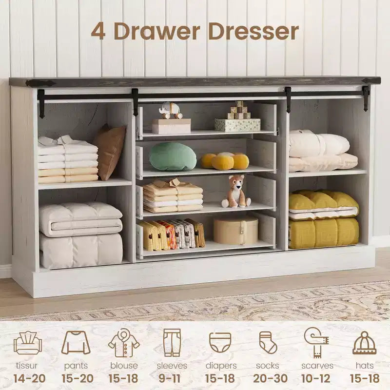 Commode à 4 tiroirs en chêne foncé et blanc antique avec porte coulissante de style grange – Pour 1