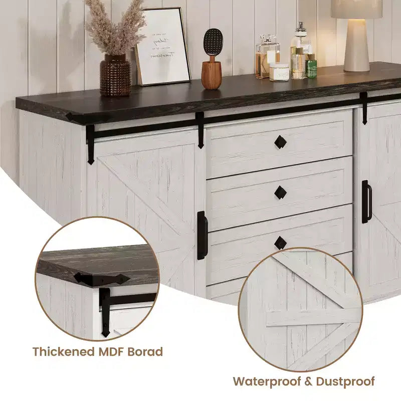Commode à 4 tiroirs en chêne foncé et blanc antique avec porte coulissante de style grange – Pour 1