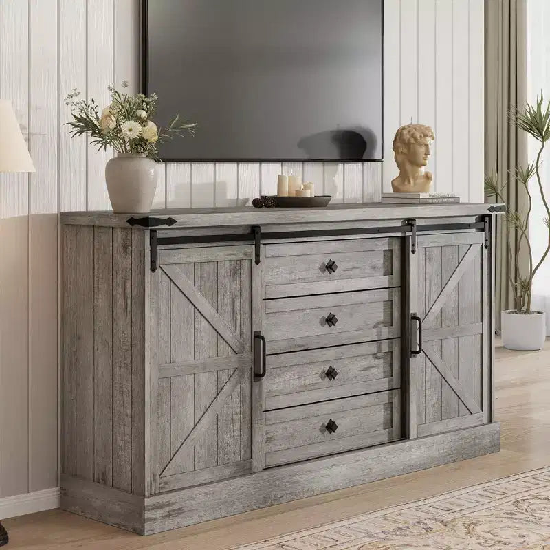 Commode à 4 tiroirs en chêne foncé et blanc antique avec porte coulissante de style grange – Pour 1