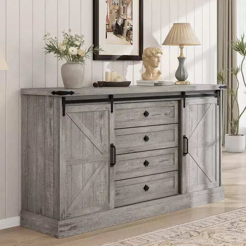 Commode à 4 tiroirs en chêne foncé et blanc antique avec porte coulissante de style grange – Pour 1