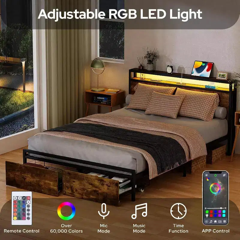 Cadre de lit double marron rustique avec tête de lit LED et tiroirs de rangement, pour 2 adultes