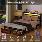 Cadre de lit double marron rustique avec tête de lit LED et tiroirs de rangement, pour 2 adultes