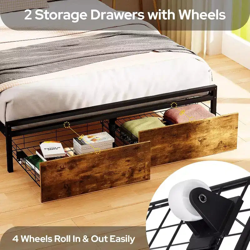Cadre de lit double marron rustique avec tête de lit LED et tiroirs de rangement, pour 2 adultes