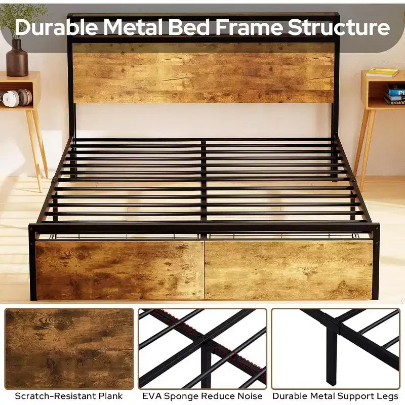 Cadre de lit double marron rustique avec tête de lit LED et tiroirs de rangement, pour 2 adultes