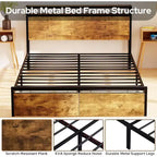 Cadre de lit double marron rustique avec tête de lit LED et tiroirs de rangement, pour 2 adultes