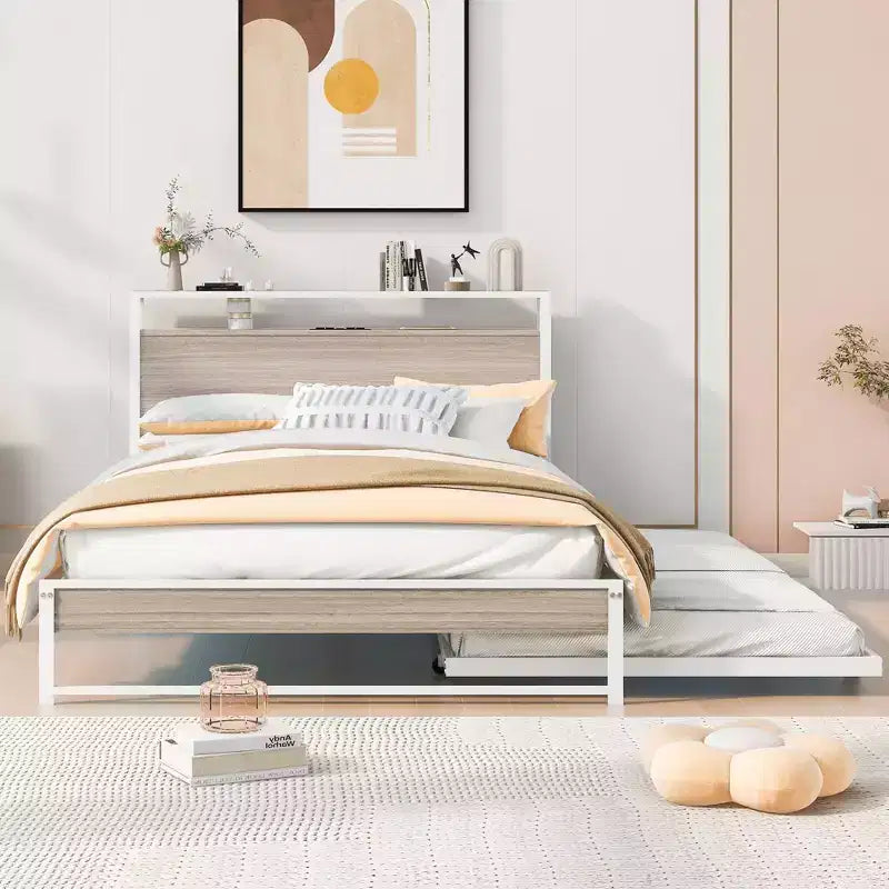 Lit plate-forme en métal noir/blanc avec lit gigogne et ports USB – Grand lit/Très grand lit, 1 à 2 places