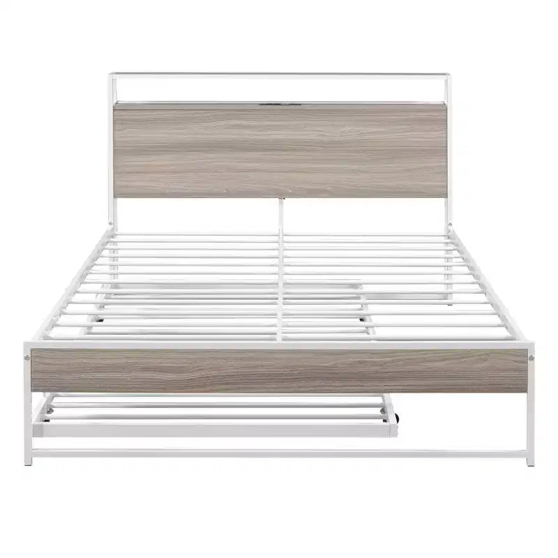 Lit plate-forme en métal noir/blanc avec lit gigogne et ports USB – Grand lit/Très grand lit, 1 à 2 places