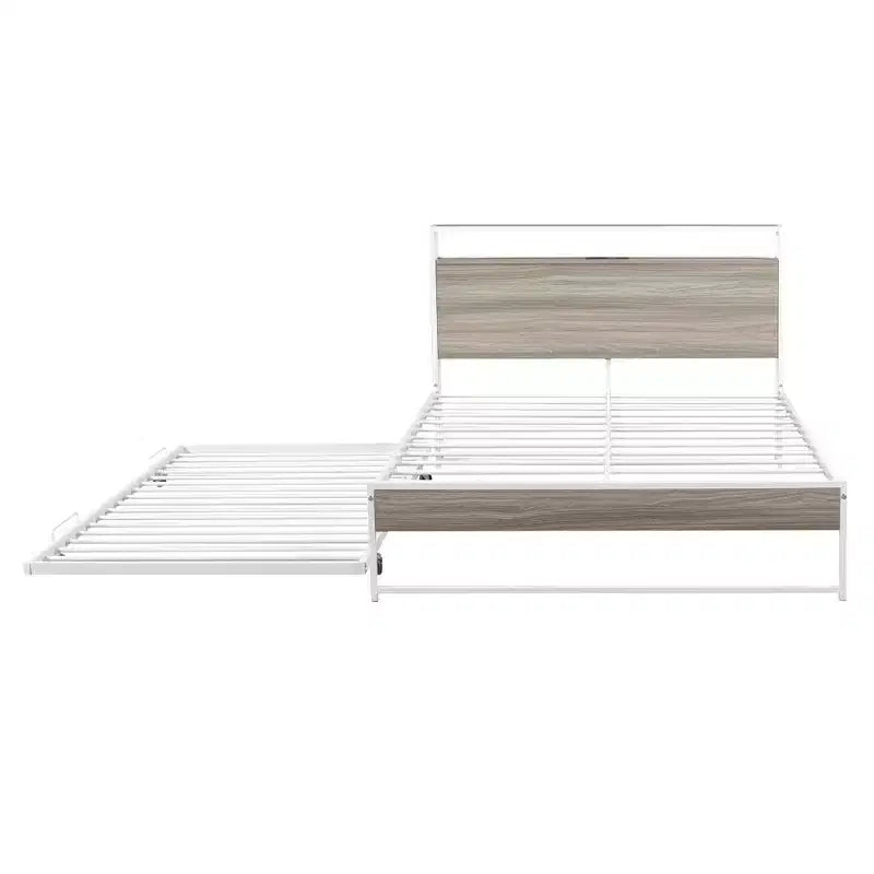 Lit plate-forme en métal noir/blanc avec lit gigogne et ports USB – Grand lit/Très grand lit, 1 à 2 places