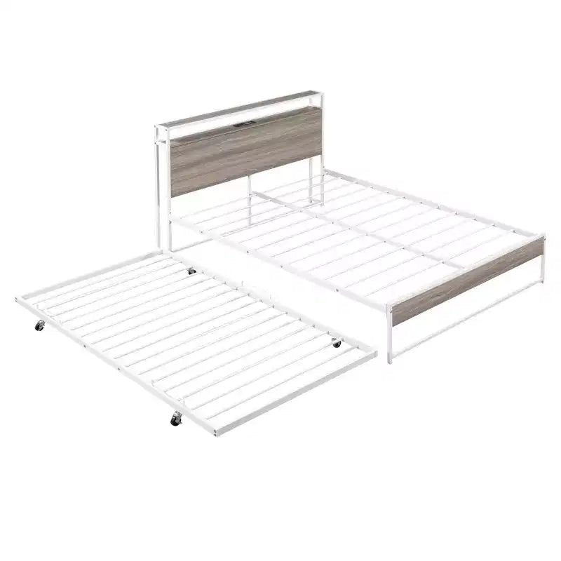 Lit plate-forme en métal noir/blanc avec lit gigogne et ports USB – Grand lit/Très grand lit, 1 à 2 places