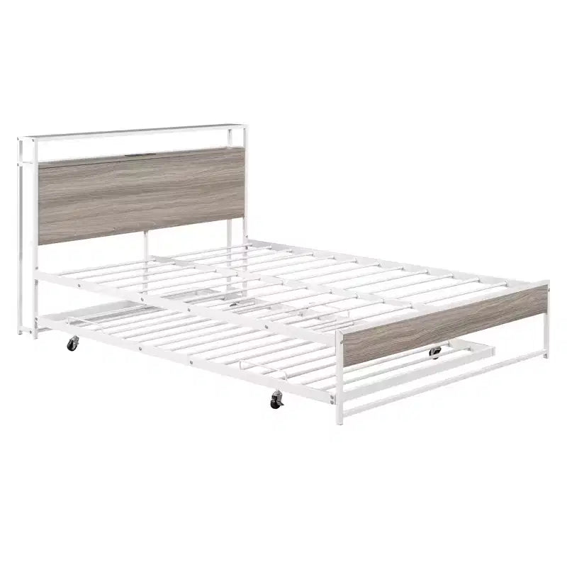 Lit plate-forme en métal noir/blanc avec lit gigogne et ports USB – Grand lit/Très grand lit, 1 à 2 places