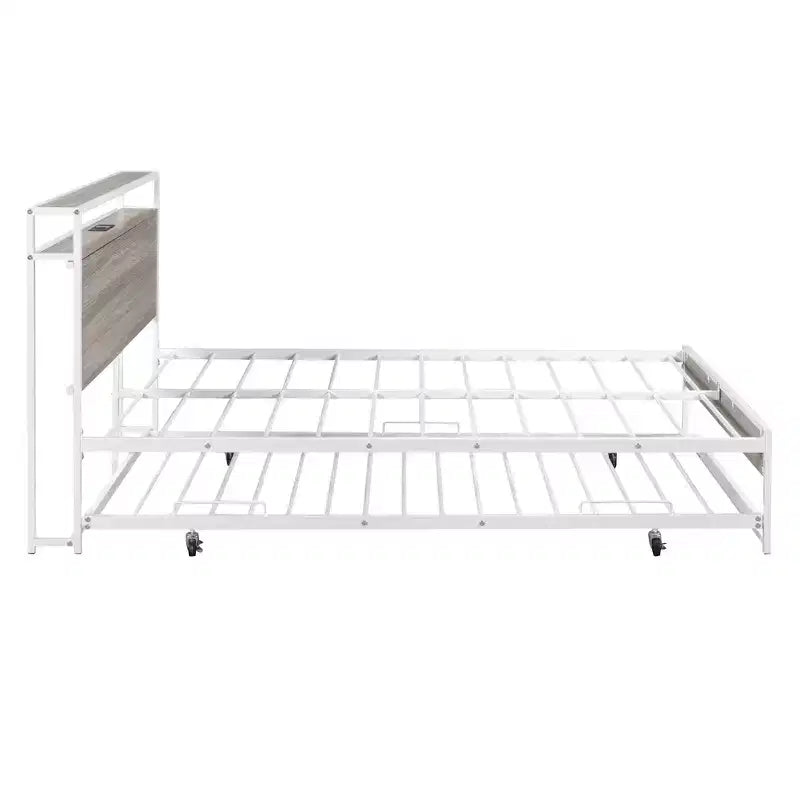 Lit plate-forme en métal noir/blanc avec lit gigogne et ports USB – Grand lit/Très grand lit, 1 à 2 places