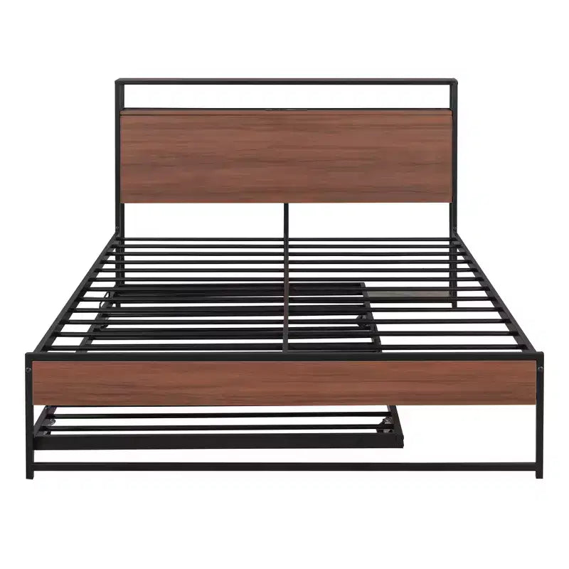 Lit plate-forme en métal noir/blanc avec lit gigogne et ports USB – Grand lit/Très grand lit, 1 à 2 places