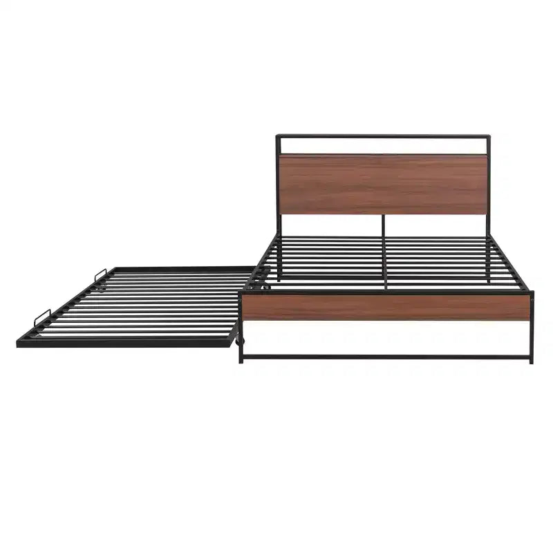 Lit plate-forme en métal noir/blanc avec lit gigogne et ports USB – Grand lit/Très grand lit, 1 à 2 places