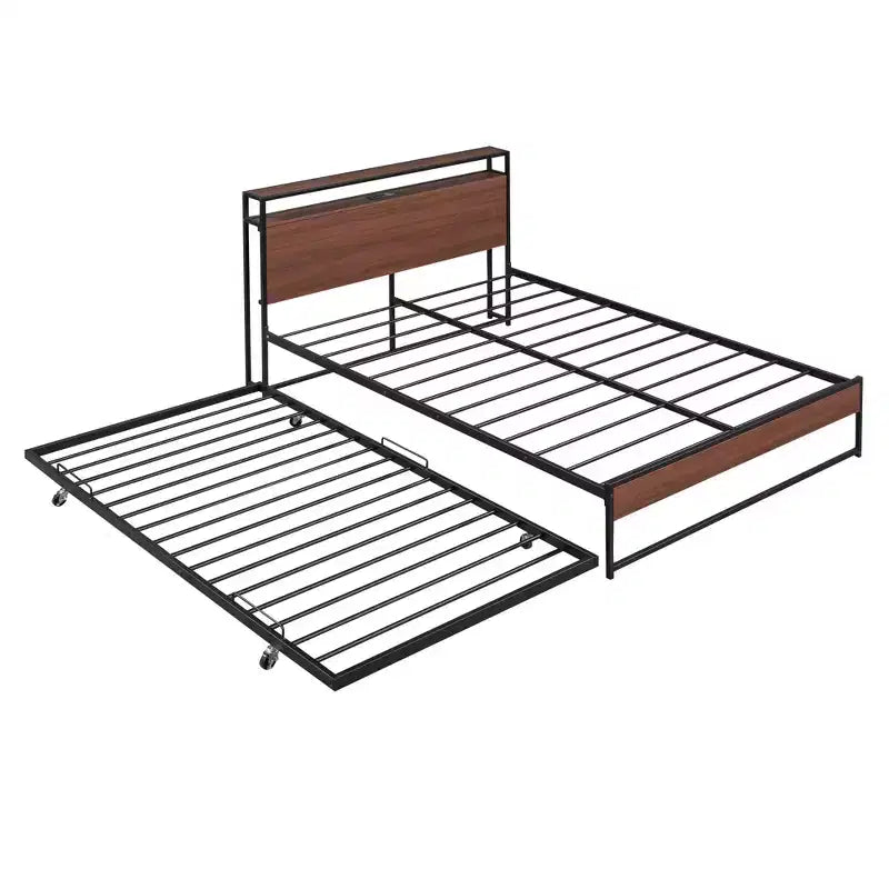 Lit plate-forme en métal noir/blanc avec lit gigogne et ports USB – Grand lit/Très grand lit, 1 à 2 places