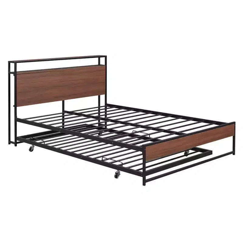 Lit plate-forme en métal noir/blanc avec lit gigogne et ports USB – Grand lit/Très grand lit, 1 à 2 places