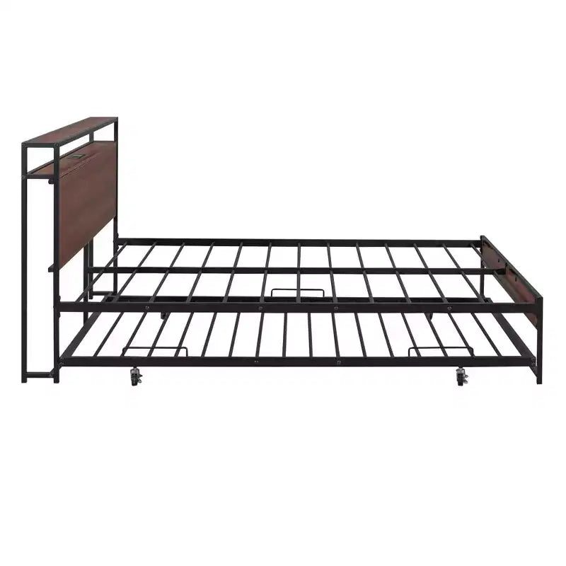 Lit plate-forme en métal noir/blanc avec lit gigogne et ports USB – Grand lit/Très grand lit, 1 à 2 places