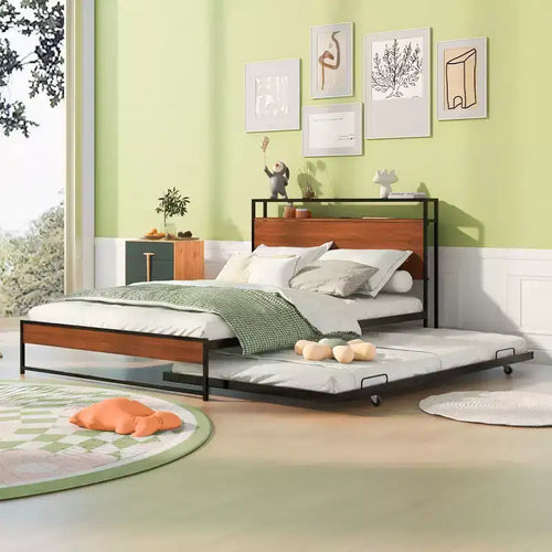 Metal Platform Bed Frame with Trundle, Platform Bed with Upholstered Headboard and USB Ports