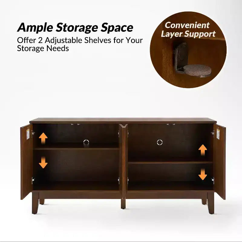 Enfilade Noyer Milieu de Siècle, 152 cm de Large, 4 Portes, Bois