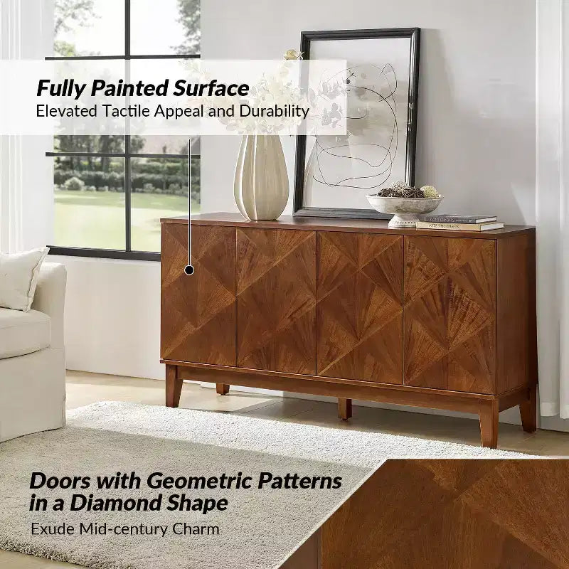 Enfilade Noyer Milieu de Siècle, 152 cm de Large, 4 Portes, Bois