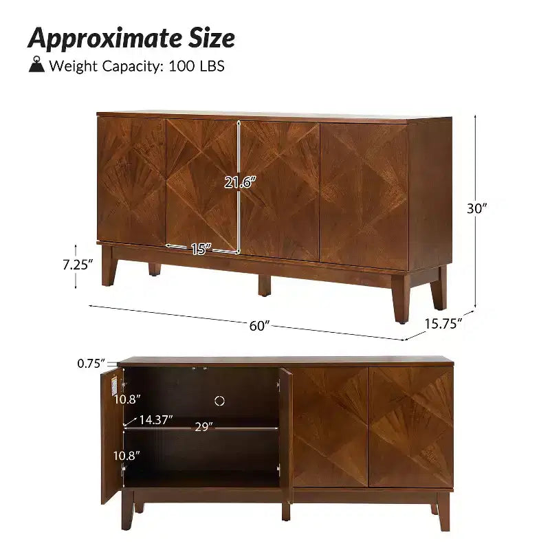 Enfilade Noyer Milieu de Siècle, 152 cm de Large, 4 Portes, Bois