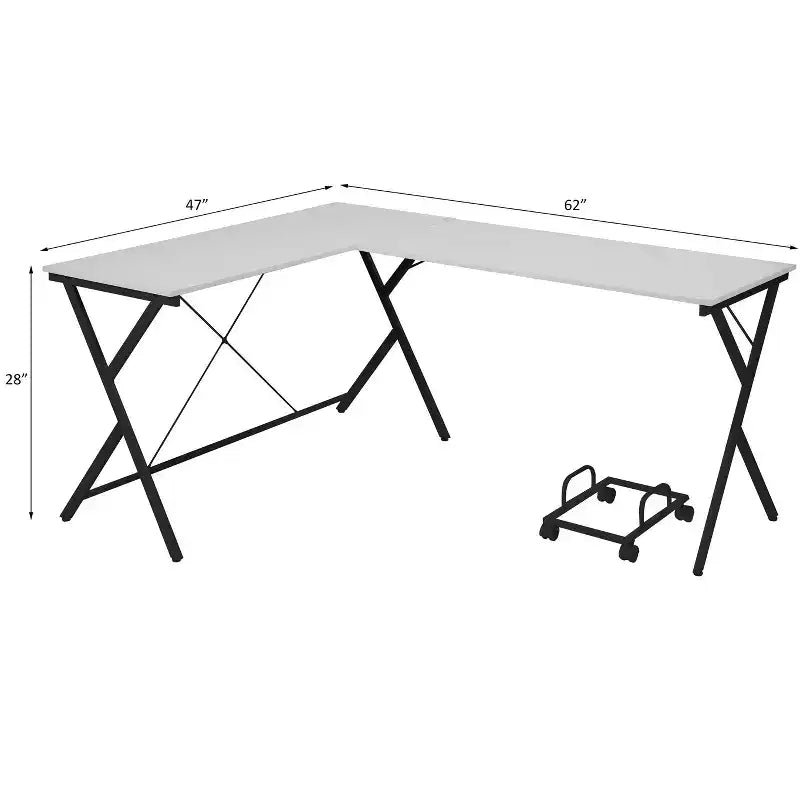 Bureau d'angle en L noir/blanc avec pieds croisés, 157,5 cm, une personne