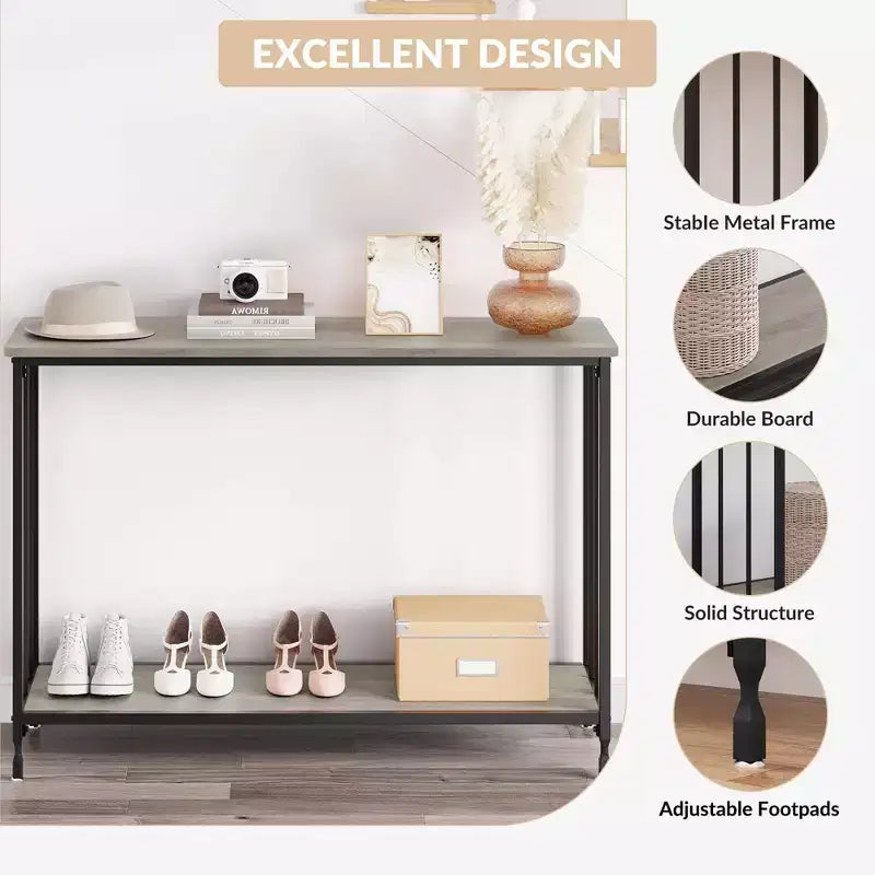 Console effet bois rustique et noir, table d'appoint/d'entrée étroite avec étagère en verre, montage par 1 ou 2 personnes
