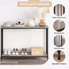 Console effet bois rustique et noir, table d'appoint/d'entrée étroite avec étagère en verre, montage par 1 ou 2 personnes