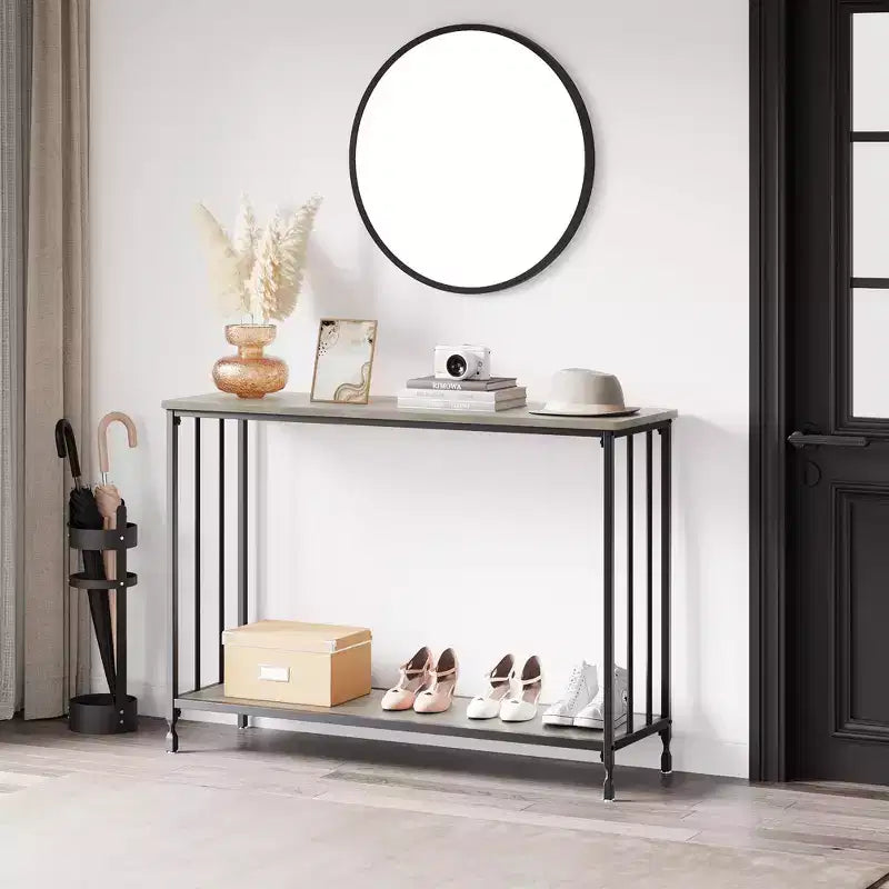Console effet bois rustique et noir, table d'appoint/d'entrée étroite avec étagère en verre, montage par 1 ou 2 personnes