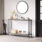 Console effet bois rustique et noir, table d'appoint/d'entrée étroite avec étagère en verre, montage par 1 ou 2 personnes