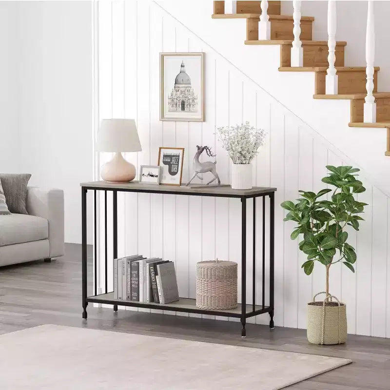 Console effet bois rustique et noir, table d'appoint/d'entrée étroite avec étagère en verre, montage par 1 ou 2 personnes