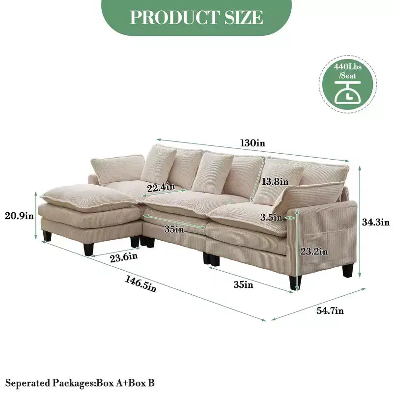 Canapé d'angle en velours côtelé gris/beige avec repose-pieds, 3-4 places