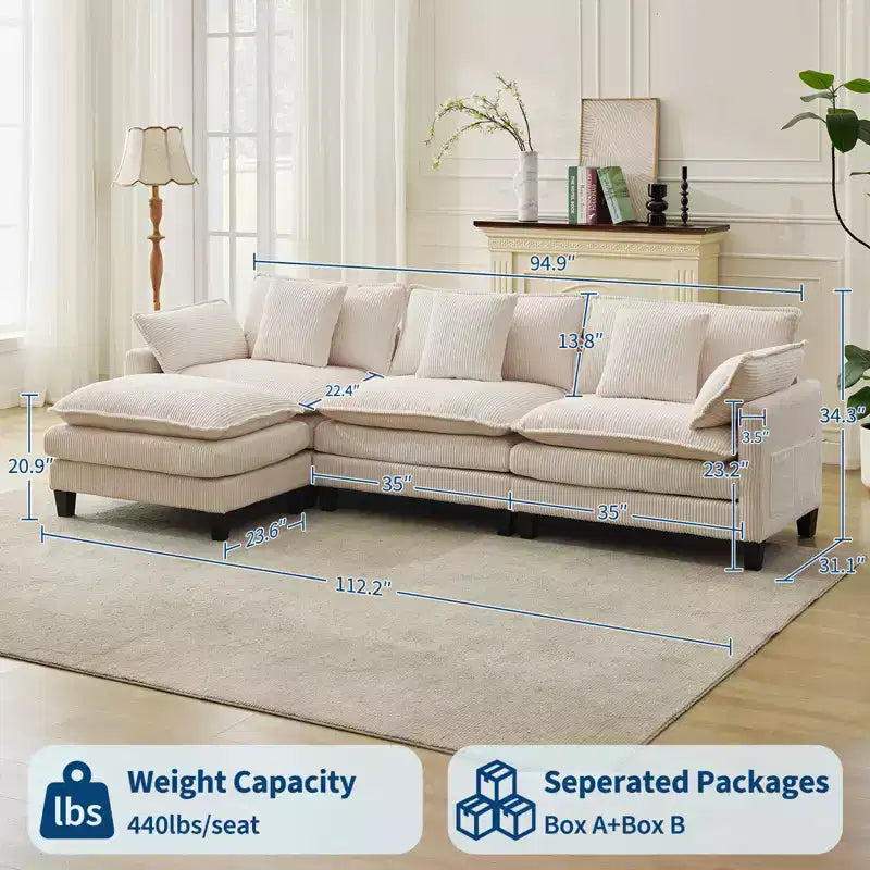 Canapé d'angle en velours côtelé gris/beige avec repose-pieds, 3-4 places