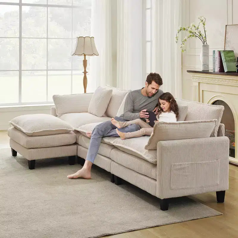 Canapé d'angle en velours côtelé gris/beige avec repose-pieds, 3-4 places