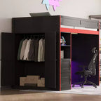 Twin/Full Gaming Loft Bed with Desk, Storage & LED Lights, Wood Bed Frame, Black - ModernLuxe