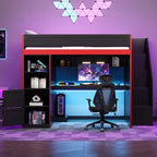 Lit mezzanine noir avec bureau, rangement et lumières LED – Simple/Double, 1 personne