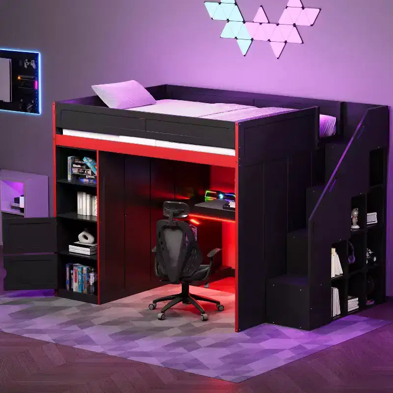 Lit mezzanine noir avec bureau, rangement et lumières LED – Simple/Double, 1 personne