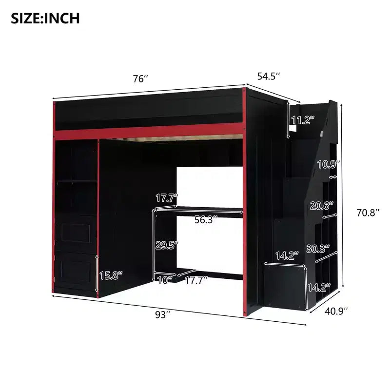 Lit mezzanine noir avec bureau, rangement et lumières LED – Simple/Double, 1 personne