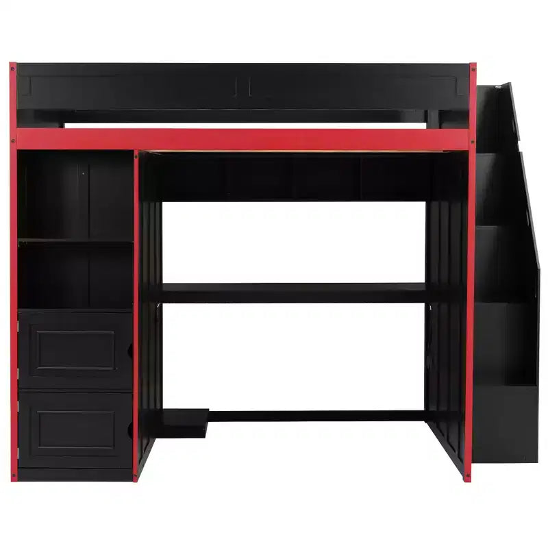 Lit mezzanine noir avec bureau, rangement et lumières LED – Simple/Double, 1 personne