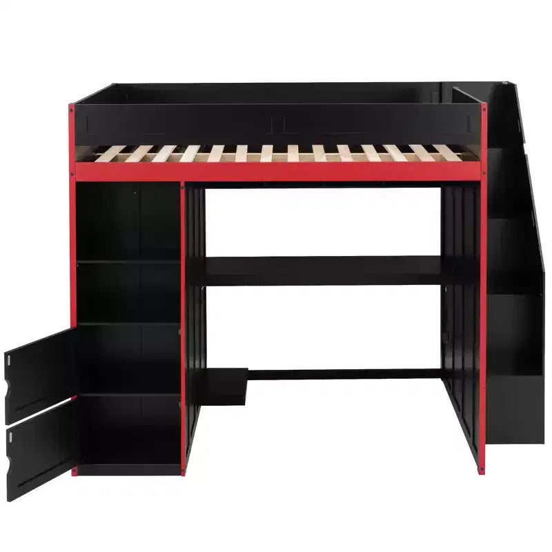 Lit mezzanine noir avec bureau, rangement et lumières LED – Simple/Double, 1 personne