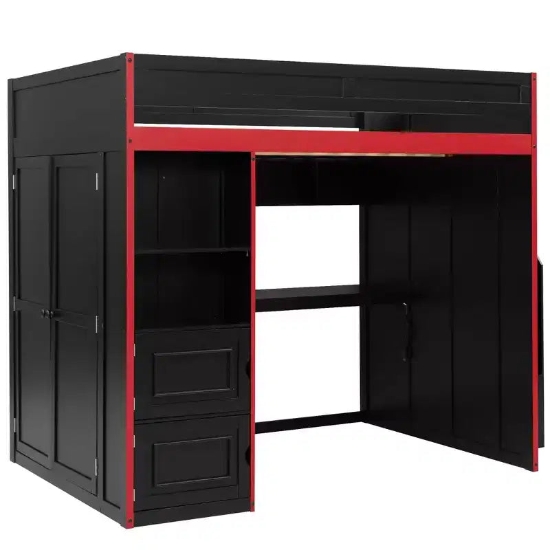 Lit mezzanine noir avec bureau, rangement et lumières LED – Simple/Double, 1 personne
