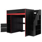 Lit mezzanine noir avec bureau, rangement et lumières LED – Simple/Double, 1 personne