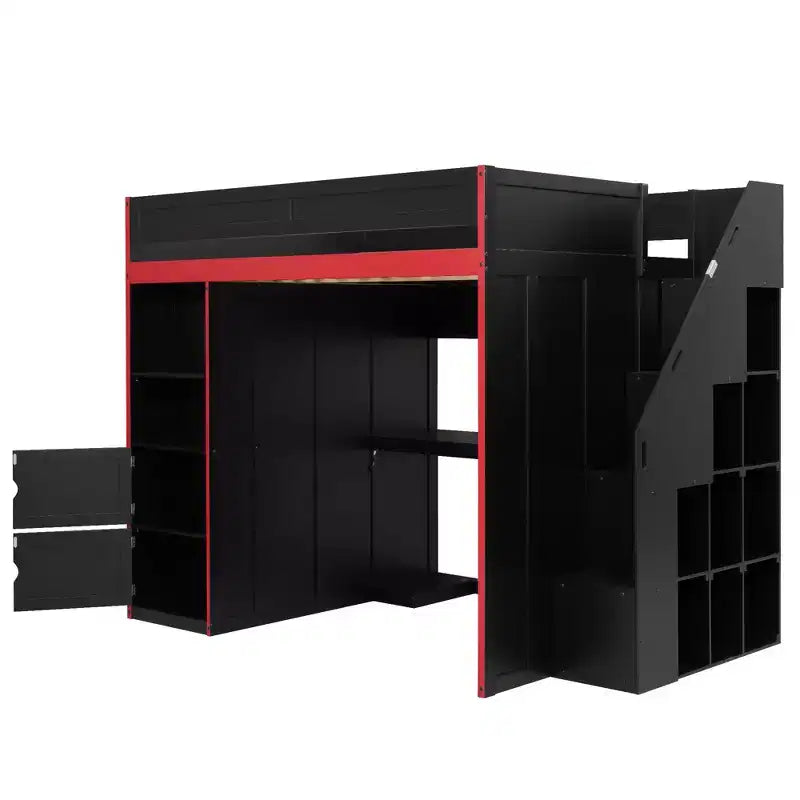 Lit mezzanine noir avec bureau, rangement et lumières LED – Simple/Double, 1 personne