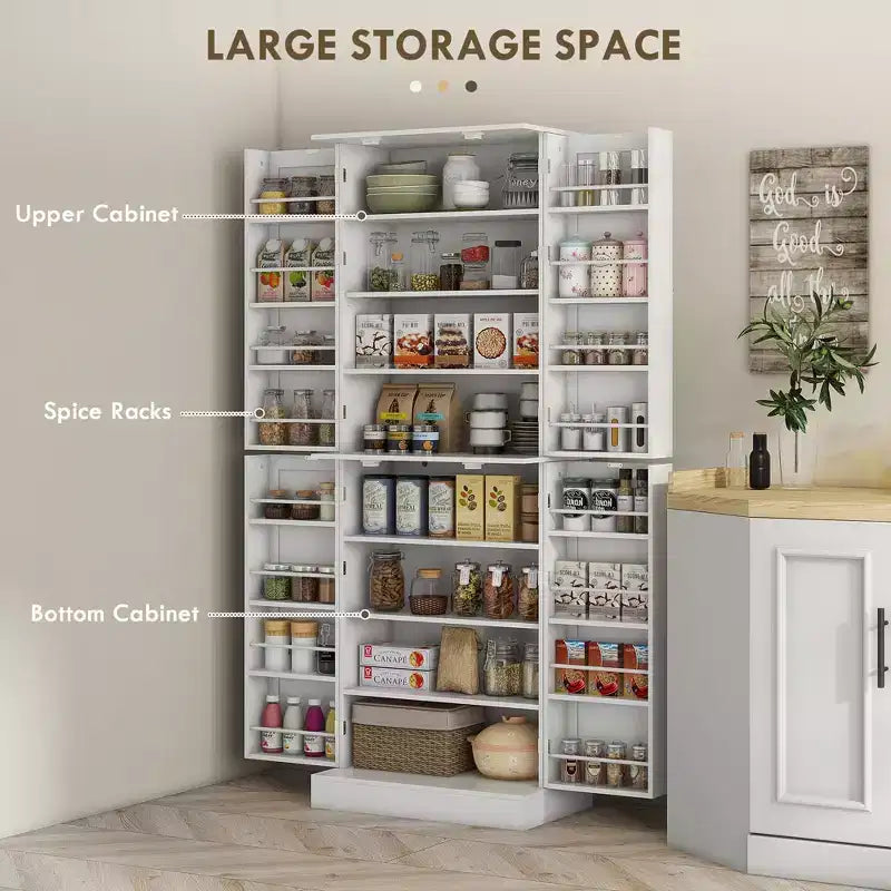 Armoire de cuisine blanche de 65 pouces avec 4 portes et 16 étagères de porte, pour 1