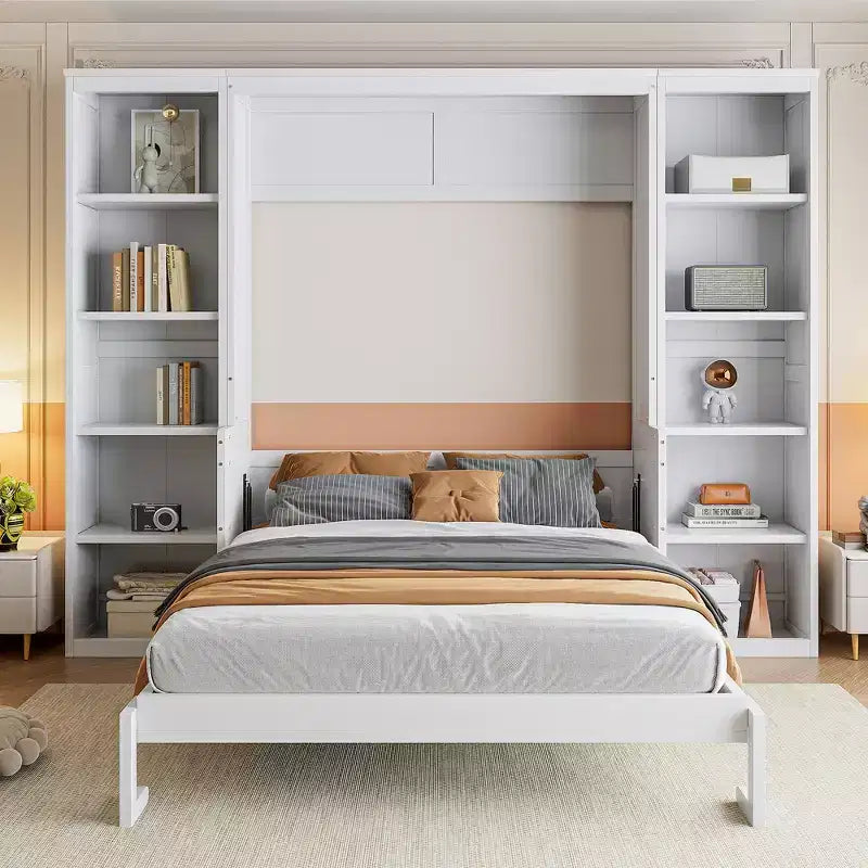 Lit mural escamotable Murphy blanc avec bureau et étagère, taille double/grand (Full/Queen), 1 personne